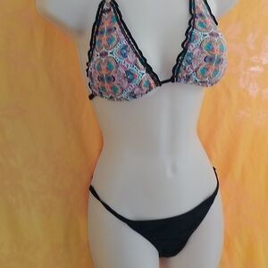 Black Bathing Bikini Swimsuit and Black lace Coverup